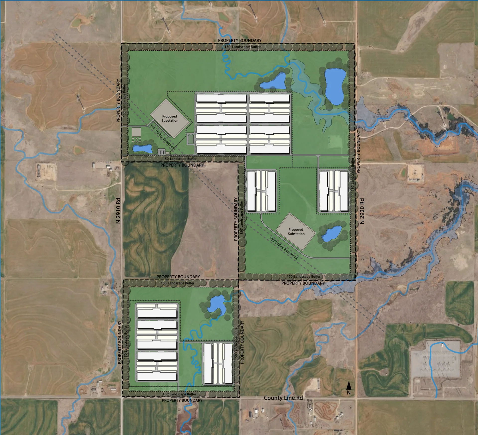 Architect site plan with the 19-building campus and three mapped road viewpoint markers